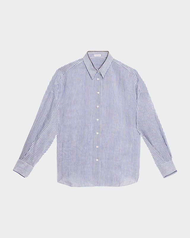 Stripe Button Down Linen Shirt with Piping Coll